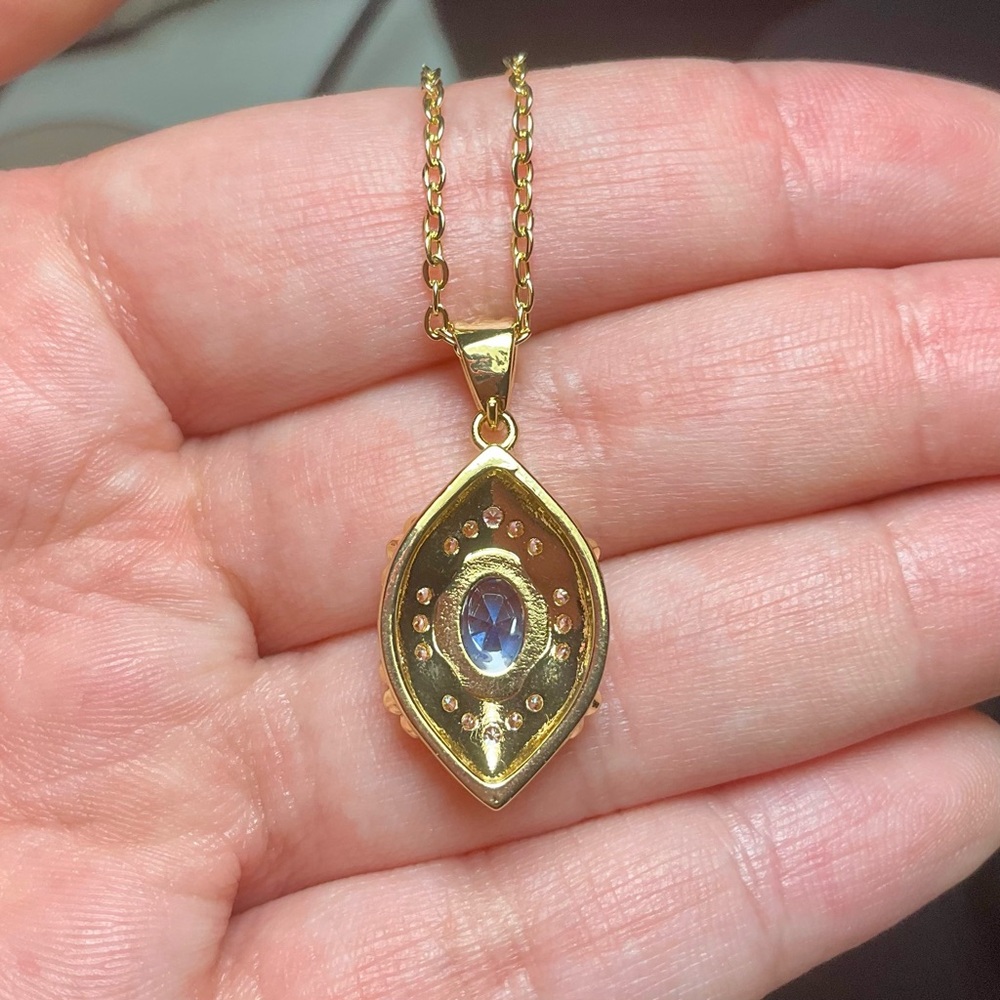 Art Deco Necklace Sapphire Blue Crystal Pendant Gold Amulet CZ Crystal Evil Eye - Picture 3 of 6